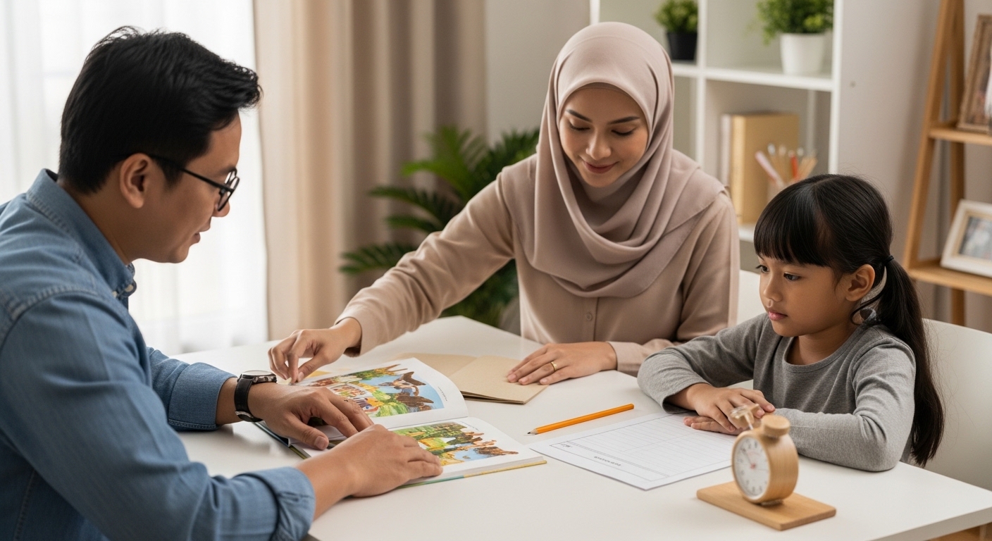 Anak Asia bersiap belajar di meja yang kemas, ibu bapa menyusun barang belajar dan timer di sisi.