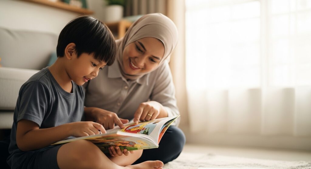 Anak Asia umur 4–6 membaca buku bergambar dengan ibu bapa di rumah, suasana tenang dan ceria.
