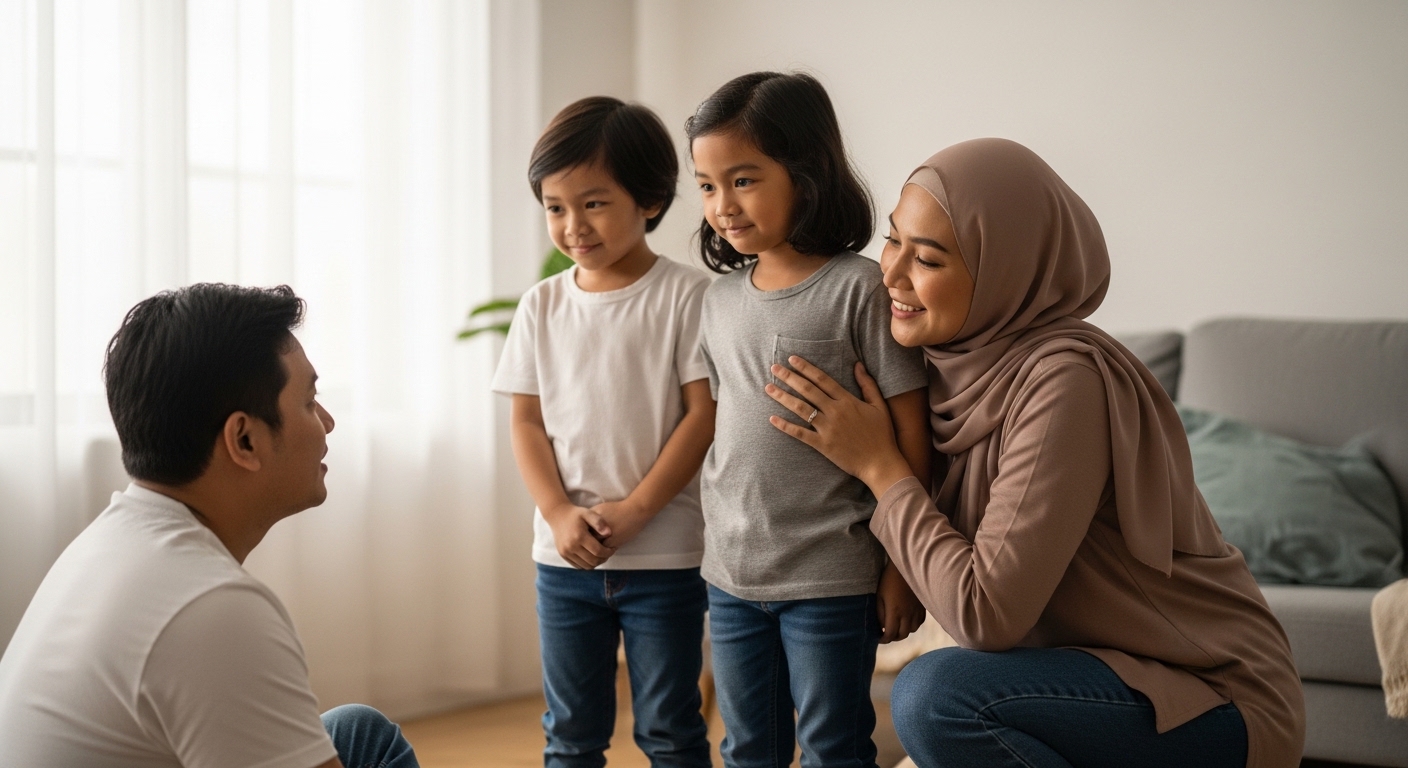 Anak Asia pemalu berdiri dekat ibu bapa dengan senyuman kecil, suasana rumah tenang dan menyokong.