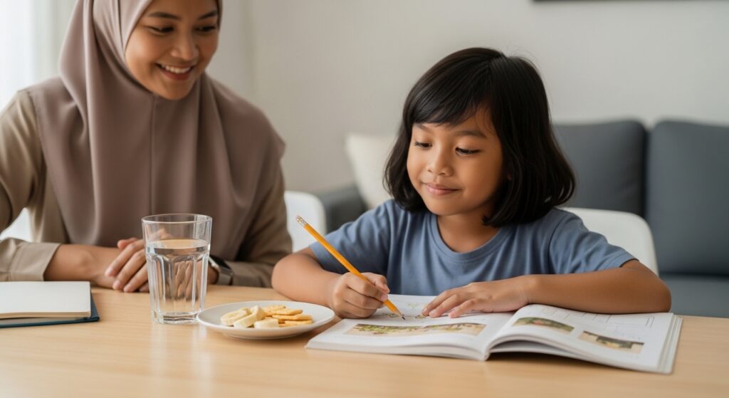 Anak Asia minum air dan makan snek ringan sebelum mula belajar di meja yang kemas.