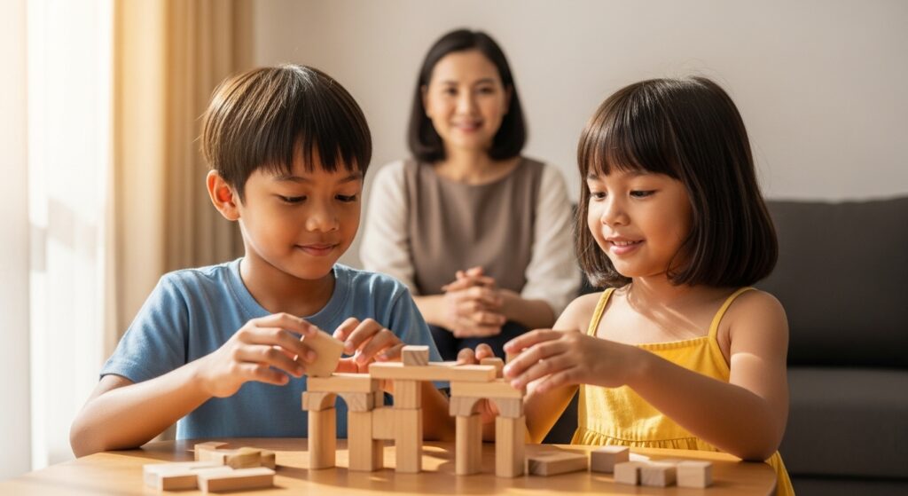 Anak Asia buat aktiviti pasangan seperti puzzle atau lego bersama seorang kawan, ibu bapa memerhati dari jauh.