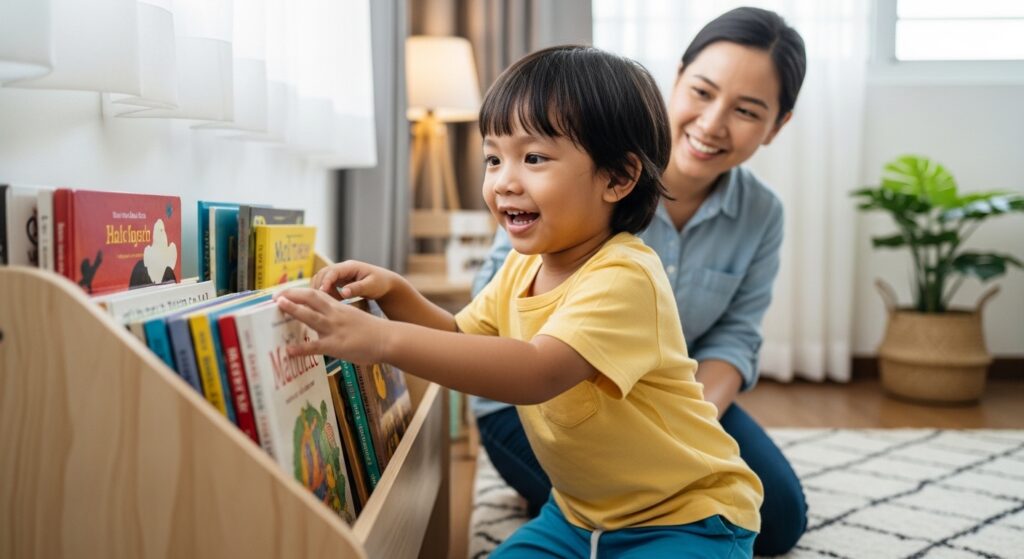 Seorang kanak-kanak Asia memilih buku cerita dari rak buku kecil di rumah sambil diperhatikan ibu atau bapa.