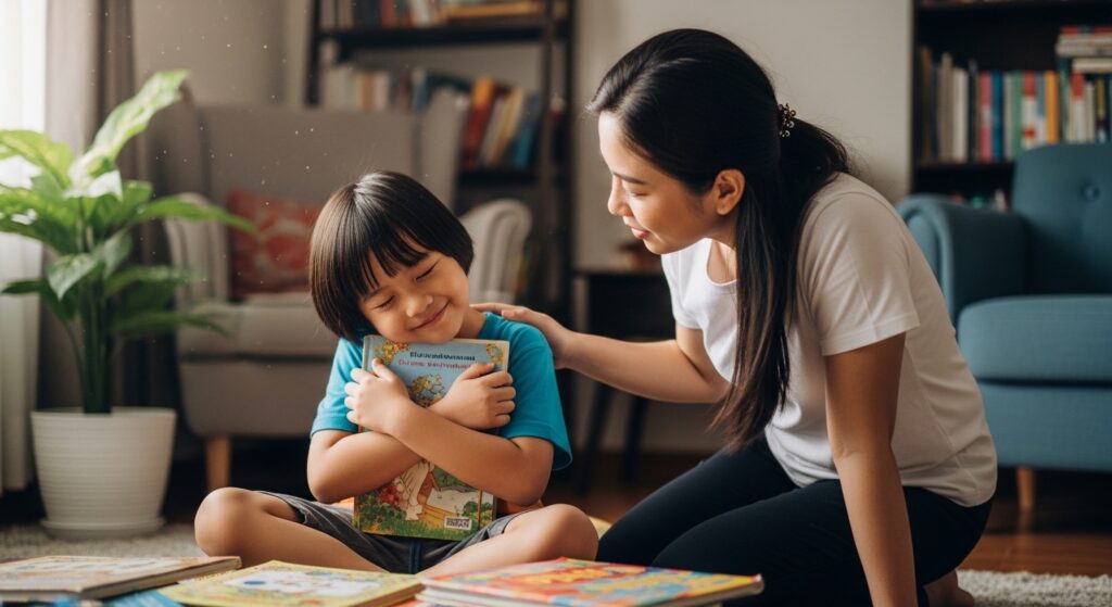 Seorang kanak-kanak Asia memeluk buku kegemarannya selepas membaca dalam suasana rumah yang tenang.
