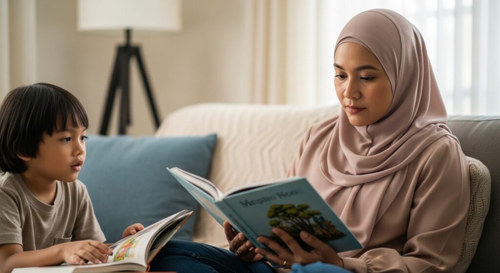 Ibu bapa Asia membaca buku sendiri di ruang tamu, anak duduk dekat dan mula capai buku.