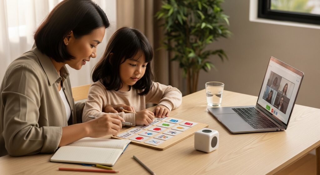 Ibu bapa Asia menunjuk jadual ikon ringkas di meja sebelum anak mula kelas online.