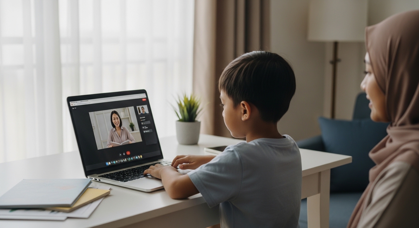 Anak Asia belajar membaca melalui laptop di rumah dengan guru di skrin, ibu bapa duduk menemani.