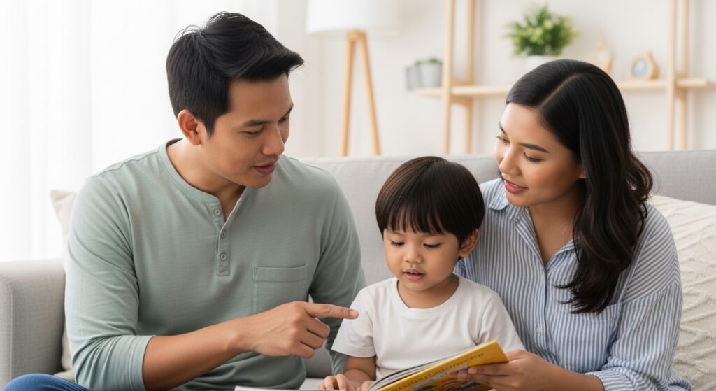 Seorang kanak-kanak Asia melakukan tugasan kecil semasa membaca bersama ibu atau bapa di rumah.