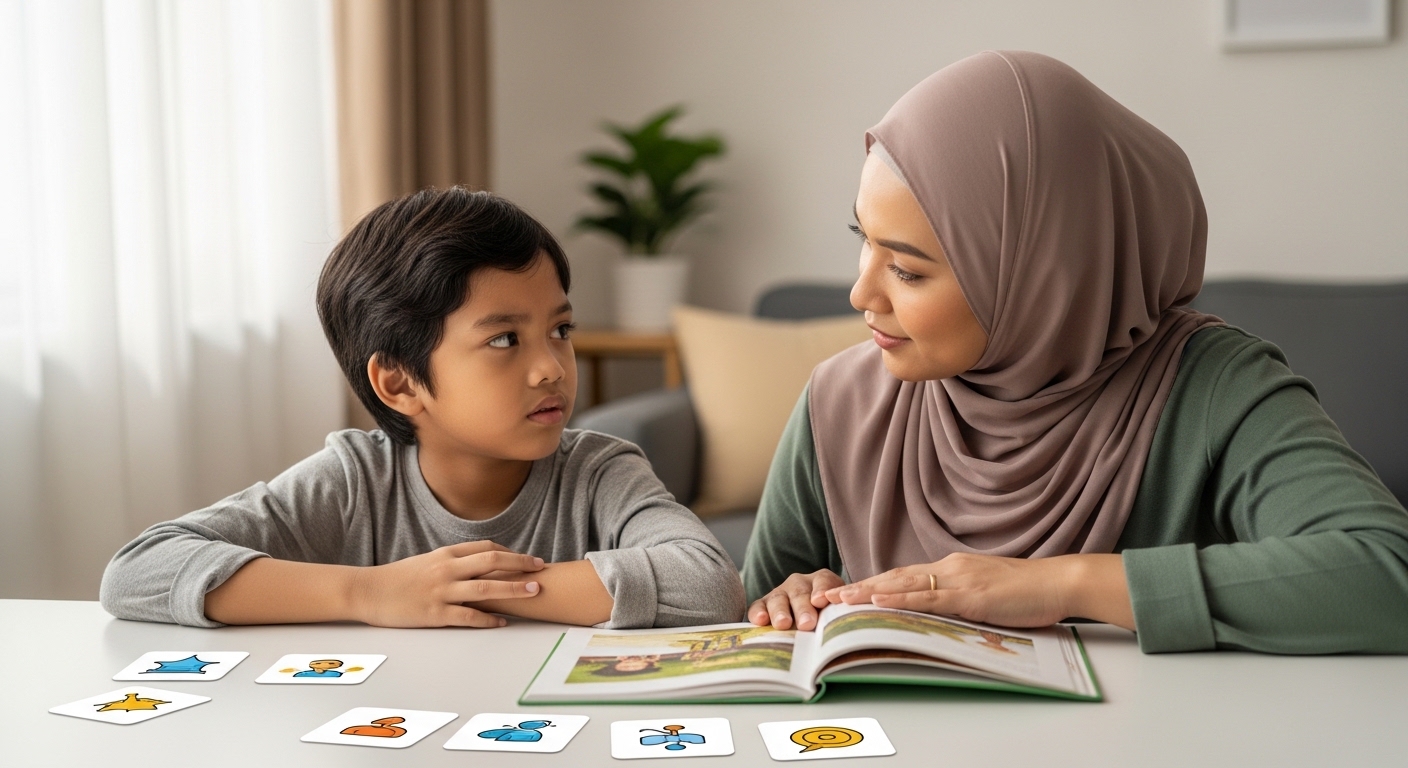 Ibu bapa Asia menenangkan anak yang sedang belajar membaca di rumah, suasana lembut dan tidak menekan.