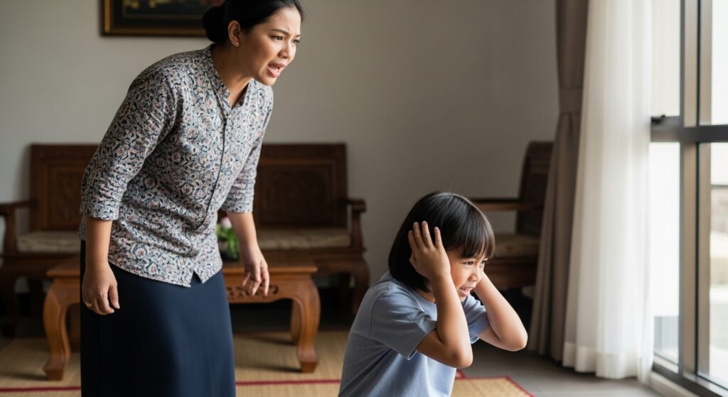 Perbandingan ibu bapa Asia menengking dari jauh dengan ibu bapa bercakap perlahan dekat anak.