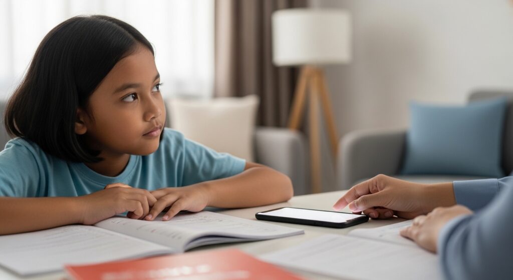 Anak Melayu/Asia belajar tetapi memandang telefon yang menyala di atas meja.