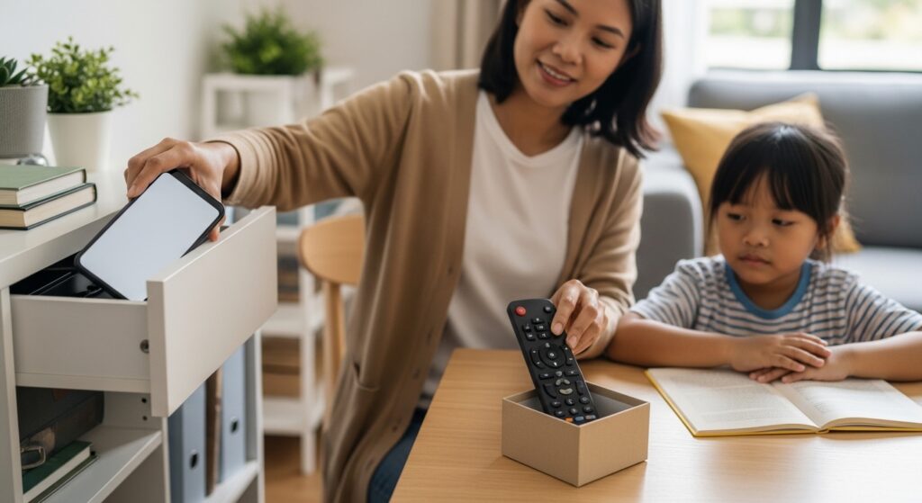 Ibu bapa Asia letak telefon jauh dan tutup remote TV sebelum anak mula belajar.