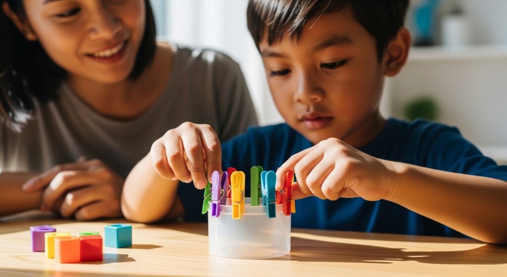 Anak Asia buat aktiviti motor halus ringkas seperti klip baju atau lego kecil sebelum belajar.