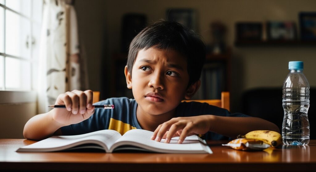 Anak Melayu/Asia belajar di meja dengan botol air dan snek di tepi, kelihatan gelisah.