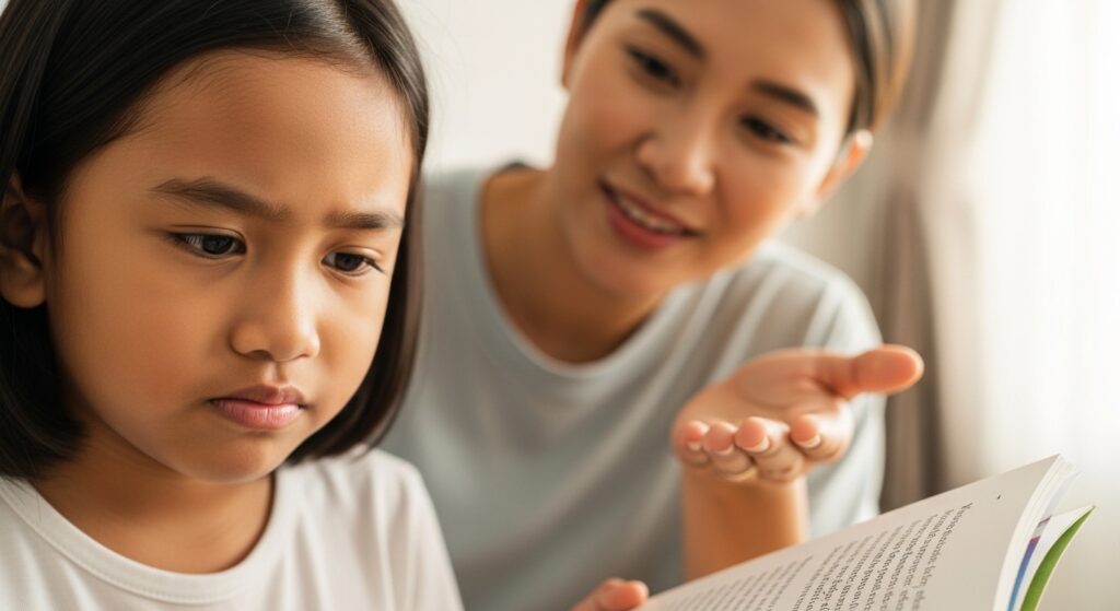 Anak Asia kelihatan ragu-ragu membaca, ibu bapa beri sokongan lembut dan senyuman yakinkan.