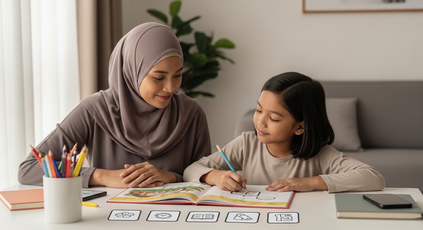 Anak Asia umur 6–7 membaca buku di meja, ibu bapa menemani dengan tenang dan menyokong.