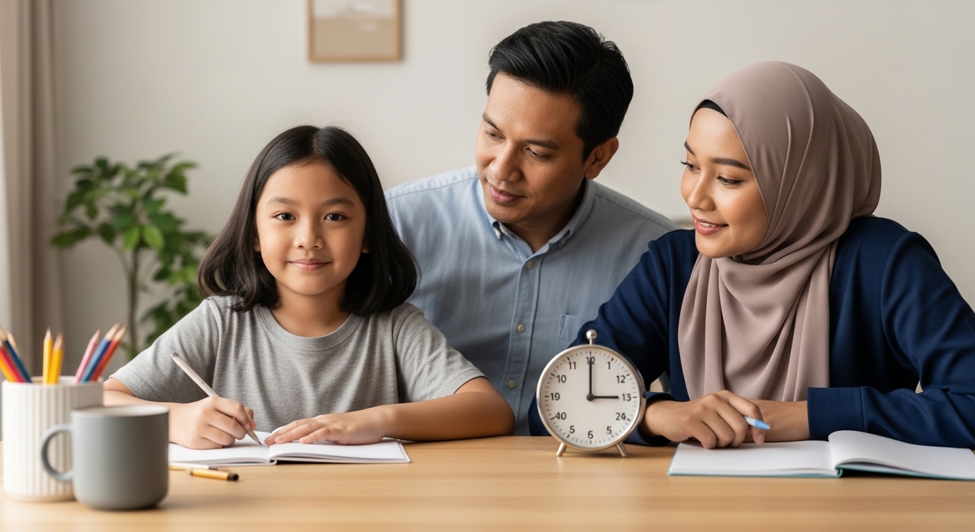 Anak Asia bersiap belajar di meja kemas dengan timer 10 minit, ibu bapa memantau dengan tenang.