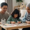 Anak Asia buat aktiviti fokus ringkas di meja, ibu bapa memantau dengan tenang, jam timer 10 minit di sisi.