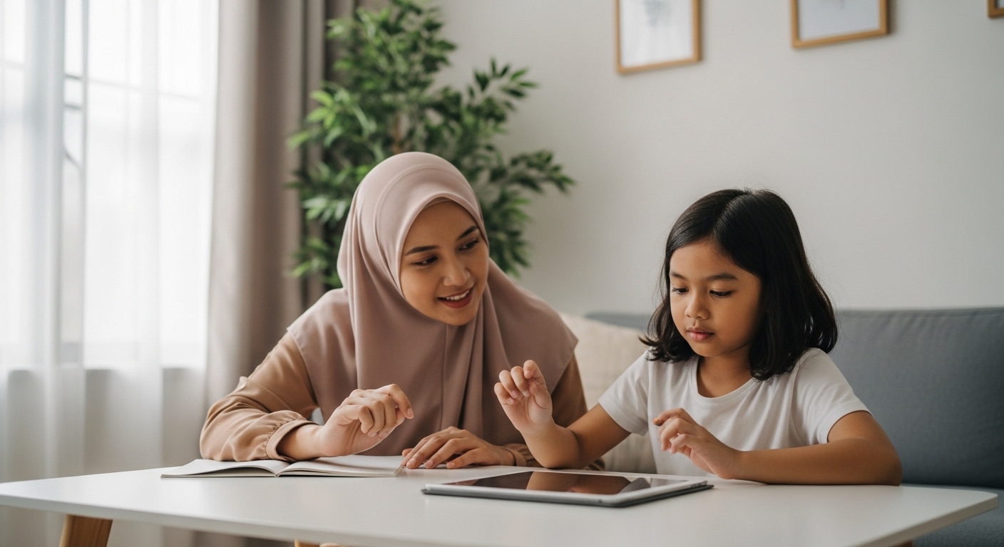 Anak Asia kelihatan susah fokus selepas guna tablet, ibu bapa ajak buat rutin reset ringkas dengan tenang.