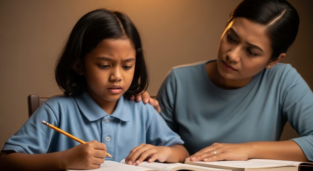 Anak Melayu/Asia kelihatan cemas semasa belajar, ibu bapa memberi sokongan dari belakang.