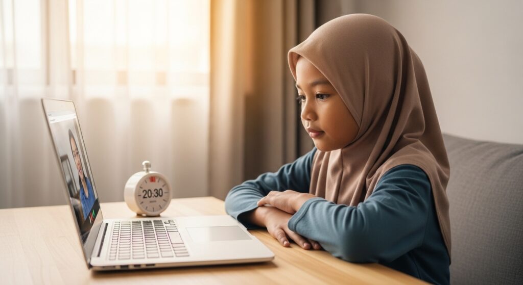 Timer 20–30 minit di meja, anak Asia kekal duduk dan fokus pada kelas online.