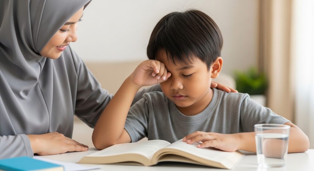Anak Asia menggosok mata dan pegang dahi ketika cuba membaca, ibu bapa beri ruang rehat.