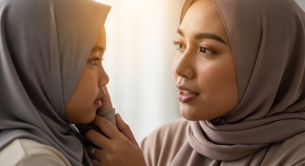 Ibu bapa Asia bercakap perlahan, anak pemalu pegang baju ibu/ayah sambil dengar.