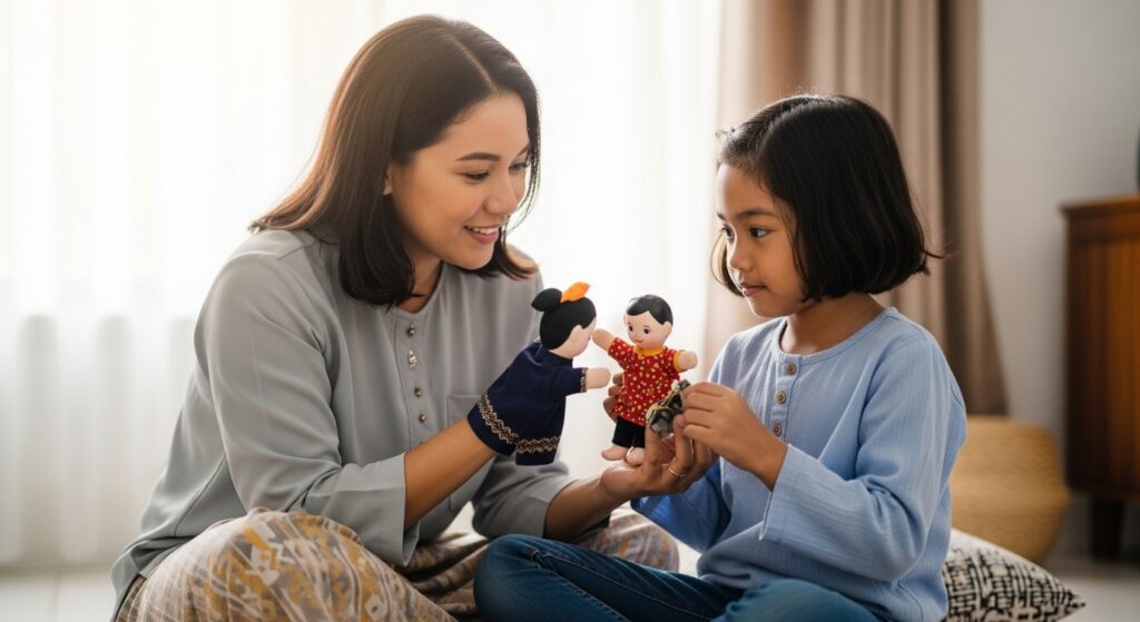 Ibu bapa Asia buat lakonan ringkas ‘jumpa kawan’ dengan anak menggunakan patung atau boneka tangan.