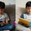 Gambar belah dua: sebelah anak Asia scroll telefon, sebelah anak yang sama membaca buku bergambar dengan tenang.