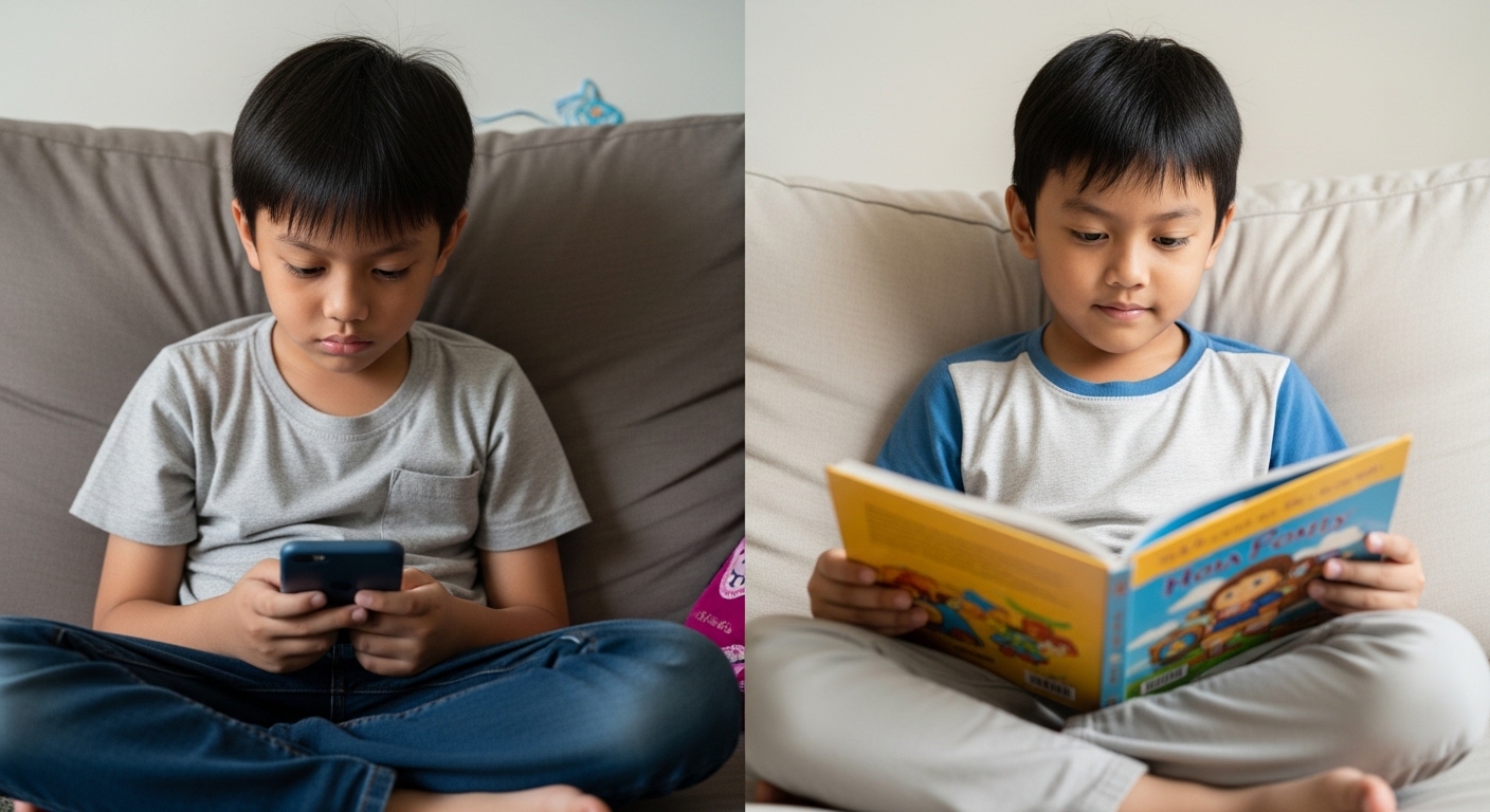 Gambar belah dua: sebelah anak Asia scroll telefon, sebelah anak yang sama membaca buku bergambar dengan tenang.