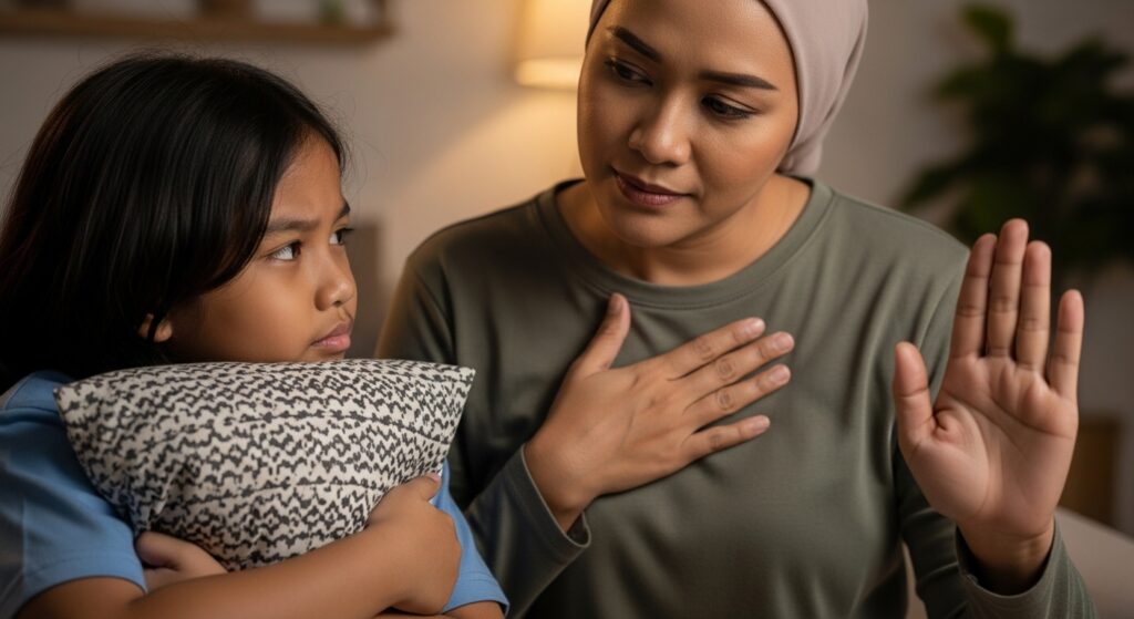 Ibu bapa Asia menunjukkan empati dan had dengan tenang, anak memeluk bantal untuk menenangkan diri.