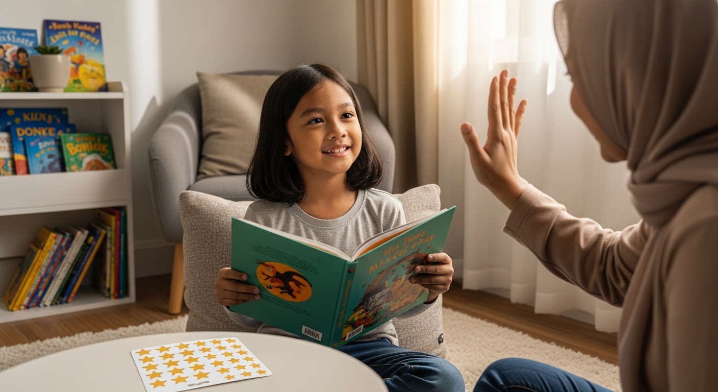 Anak Asia tersenyum memegang buku, ibu bapa beri high-five sebagai tanda kejayaan kecil.