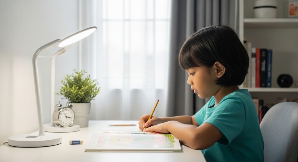 Spot belajar anak Asia yang kemas dengan pencahayaan putih lembut dan natural, lengkap dengan meja, kerusi dan bahan belajar ringkas.
