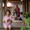 Anak Asia di rumah kampung memegang buku bergambar, suasana santai dengan keluarga di sekeliling.