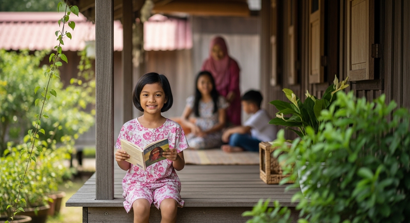 Anak Asia di rumah kampung memegang buku bergambar, suasana santai dengan keluarga di sekeliling.