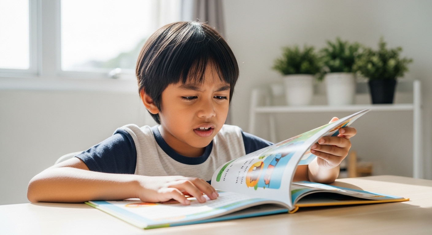 Kanak-kanak membaca dengan perlahan dan kelihatan sukar memahami teks