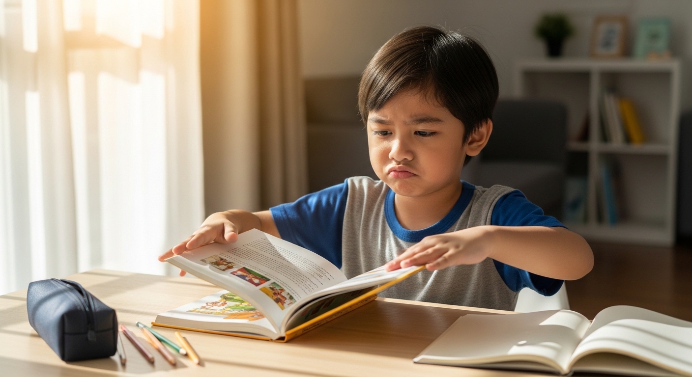 Kanak-kanak menolak buku di meja belajar dengan wajah tidak mahu belajar