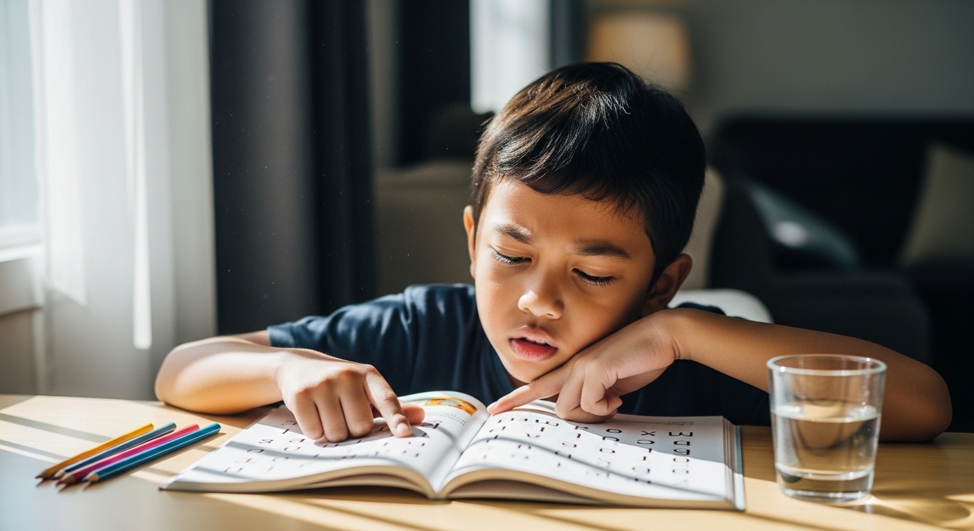 Kanak-kanak membaca dengan cara mengeja satu persatu dalam suasana terang