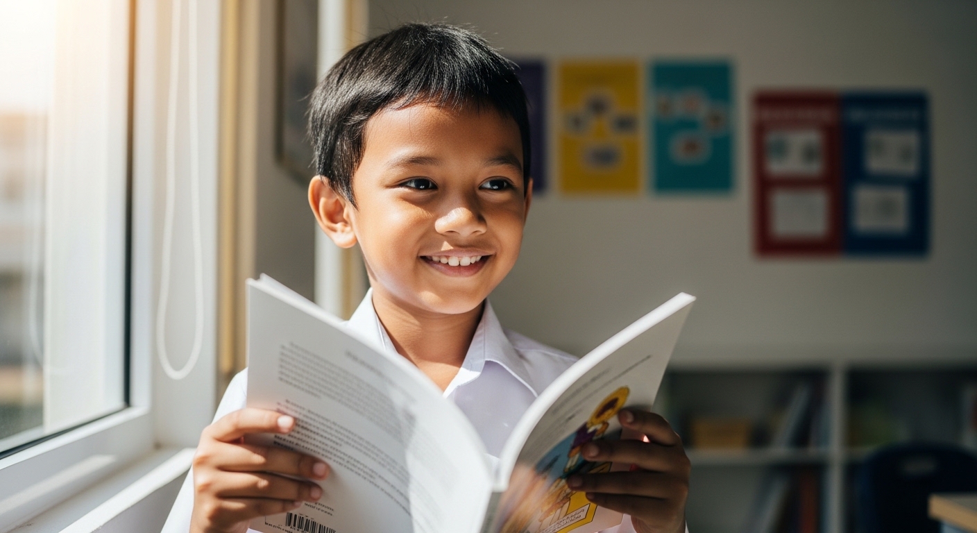Kanak-kanak tersenyum yakin sambil memegang buku dalam suasana terang
