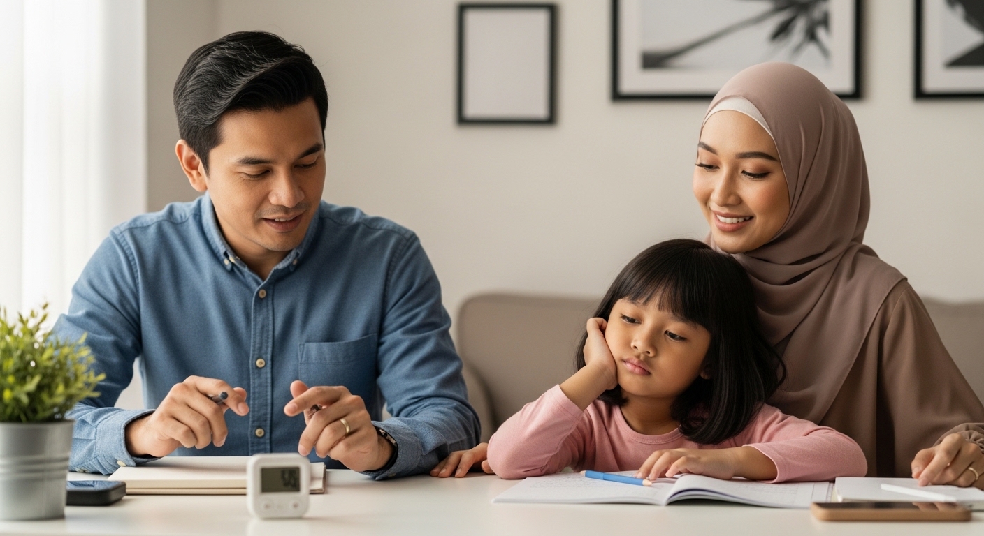 Anak Asia belajar di meja dan ibu bapa tunjuk rutin rehat ringkas dengan timer, suasana tenang.