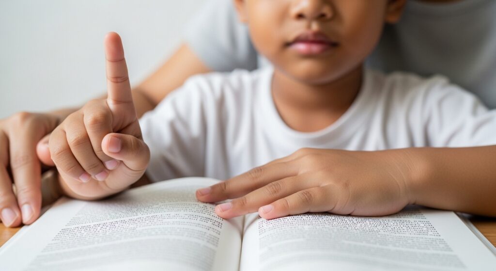 Close-up tangan anak Asia mengangkat satu jari di atas buku semasa membaca, tanda dia jumpa perkataan sukar.