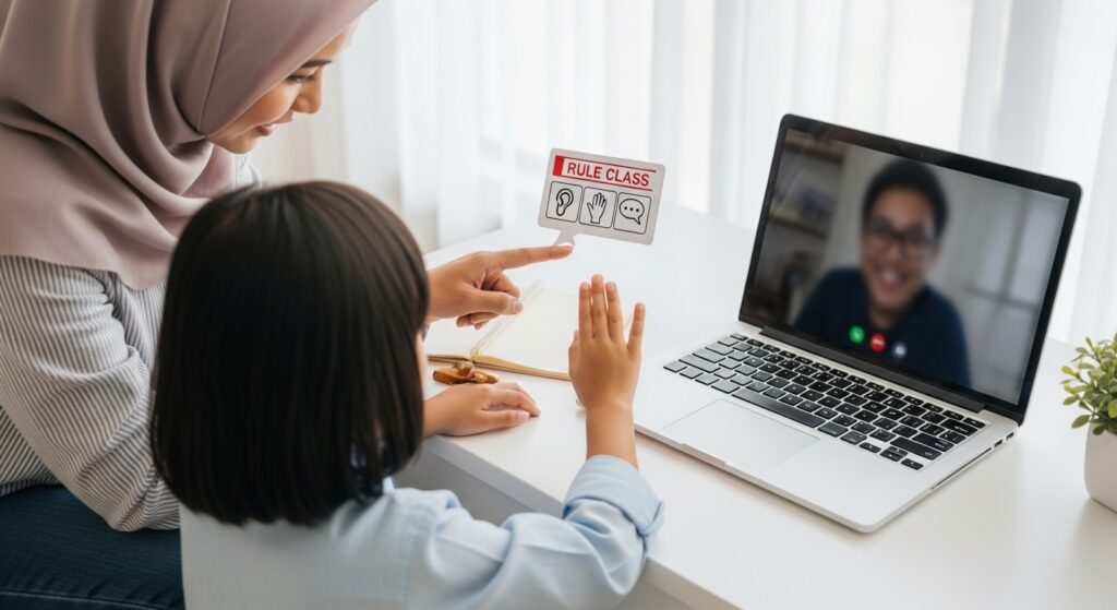 Ibu bapa Asia tunjuk kad ikon 3 langkah kepada anak sebelum kelas online, anak cuba angkat tangan.