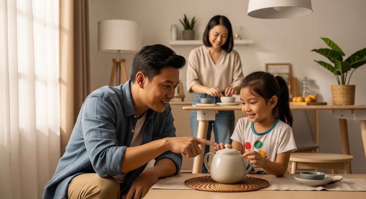 Ibu bapa Asia bercakap dengan anak tentang objek semasa aktiviti harian di rumah seperti di dapur atau ruang tamu.