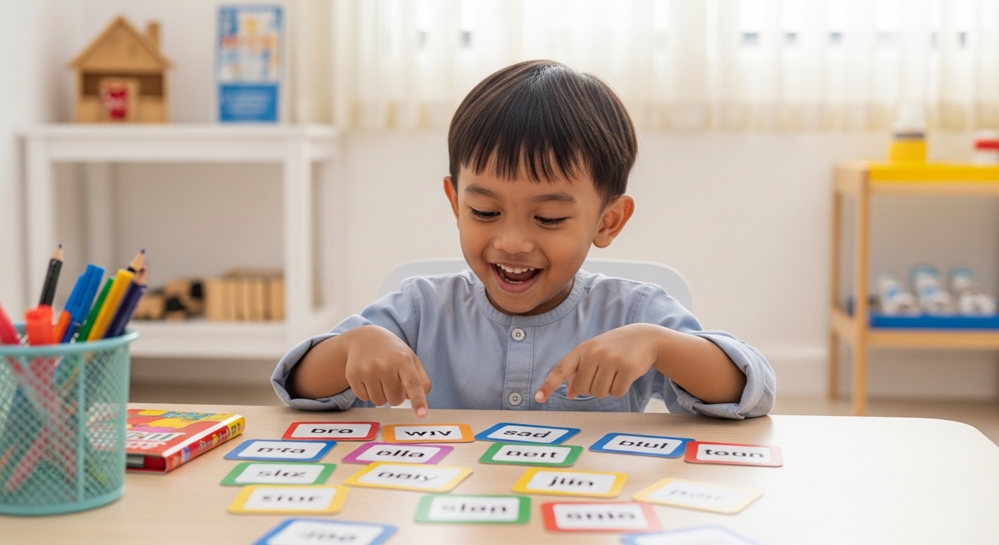 Kanak-kanak gembira mengenal perkataan menggunakan kad imbasan berwarna-warni