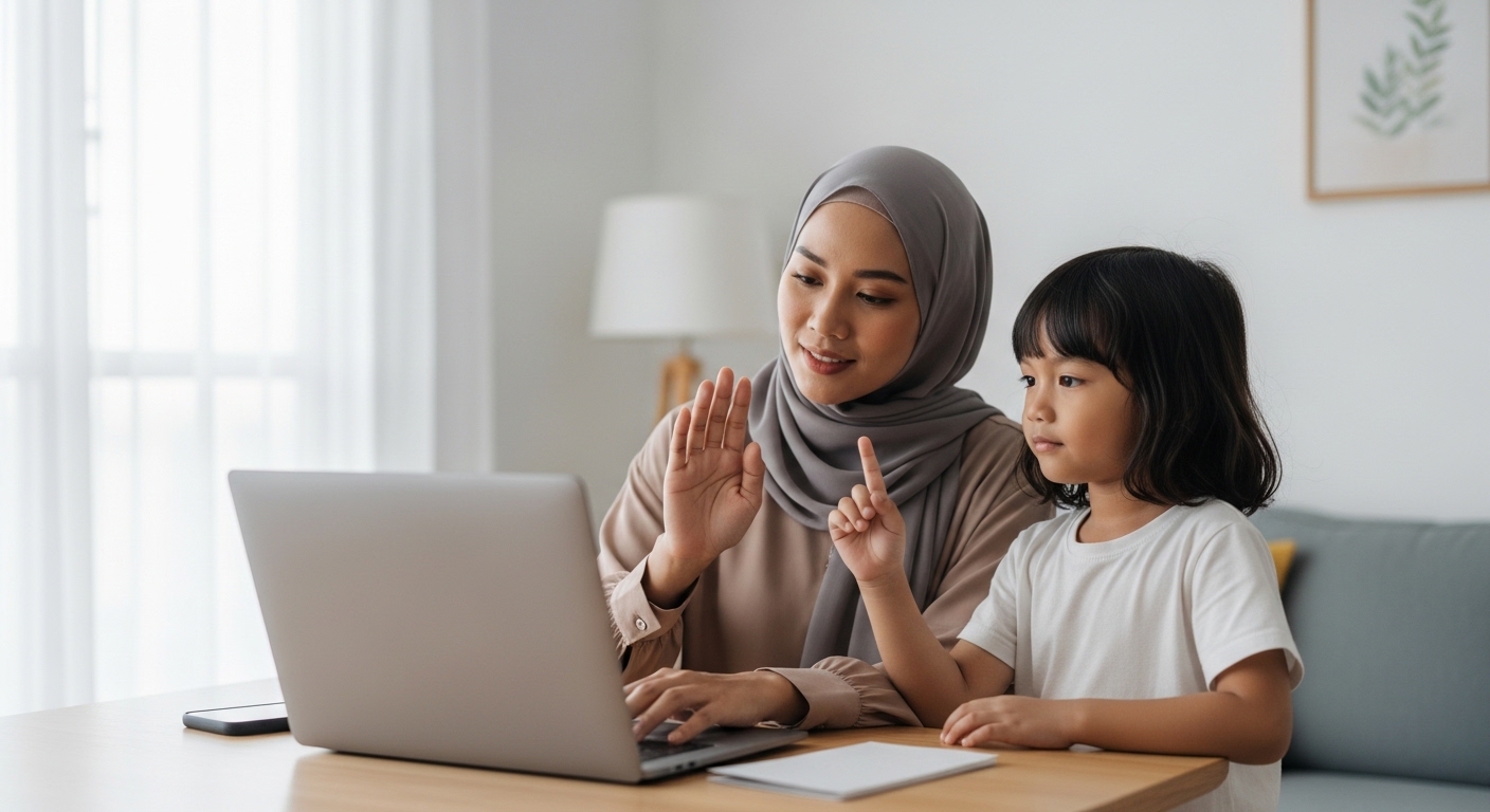 Ibu Asia bekerja dari rumah di laptop sambil anak mendekat, ibu kekal tenang dan memberi isyarat lembut.