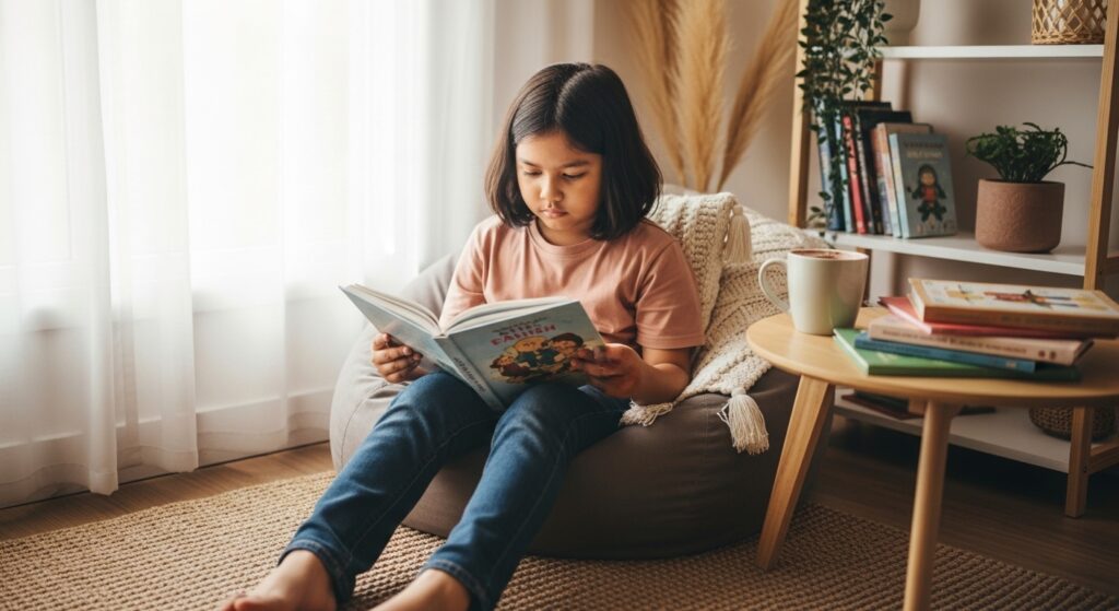 Kanak-kanak membaca dengan penuh fokus dalam suasana tenang dan terang