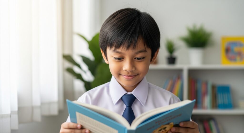 Kanak-kanak membaca dengan lancar dan yakin dalam suasana terang