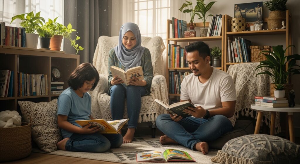 Kanak-kanak membaca sendiri dengan fokus di sudut membaca yang selesa