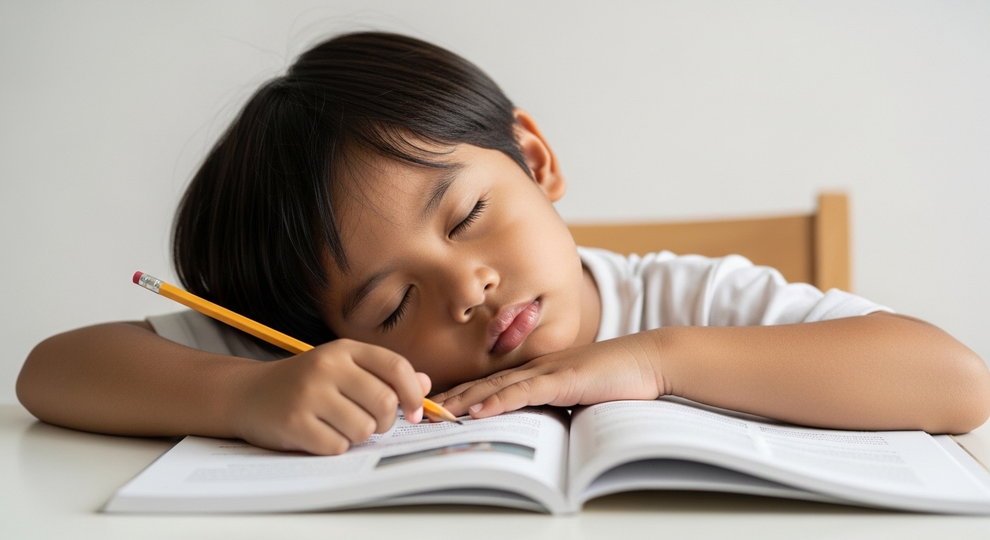 Close-up mata anak Asia yang mengantuk di meja belajar, dengan buku terbuka dan tangan memegang pensel.