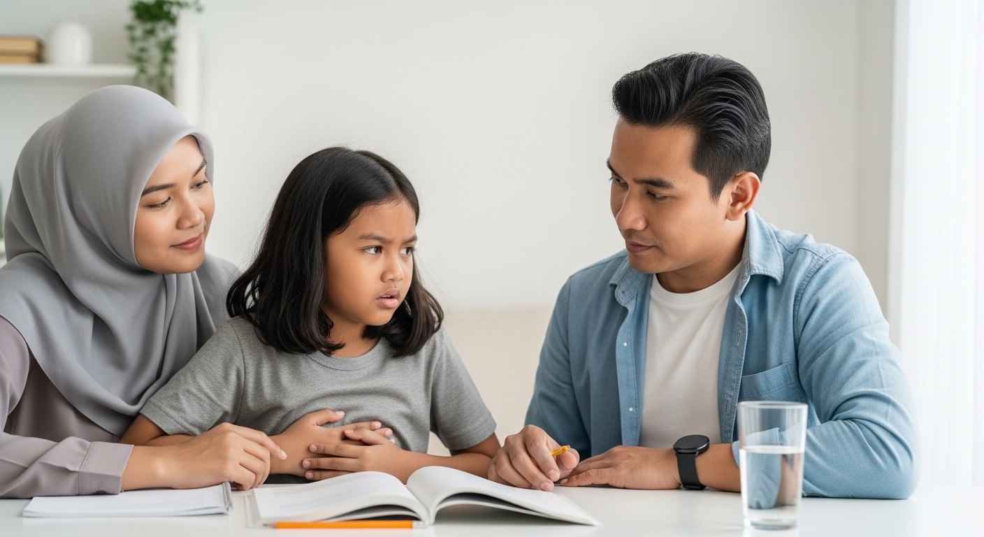 Anak Asia berhenti belajar dan memegang perut tanda lapar, ibu bapa duduk di sebelah dengan wajah memahami.
