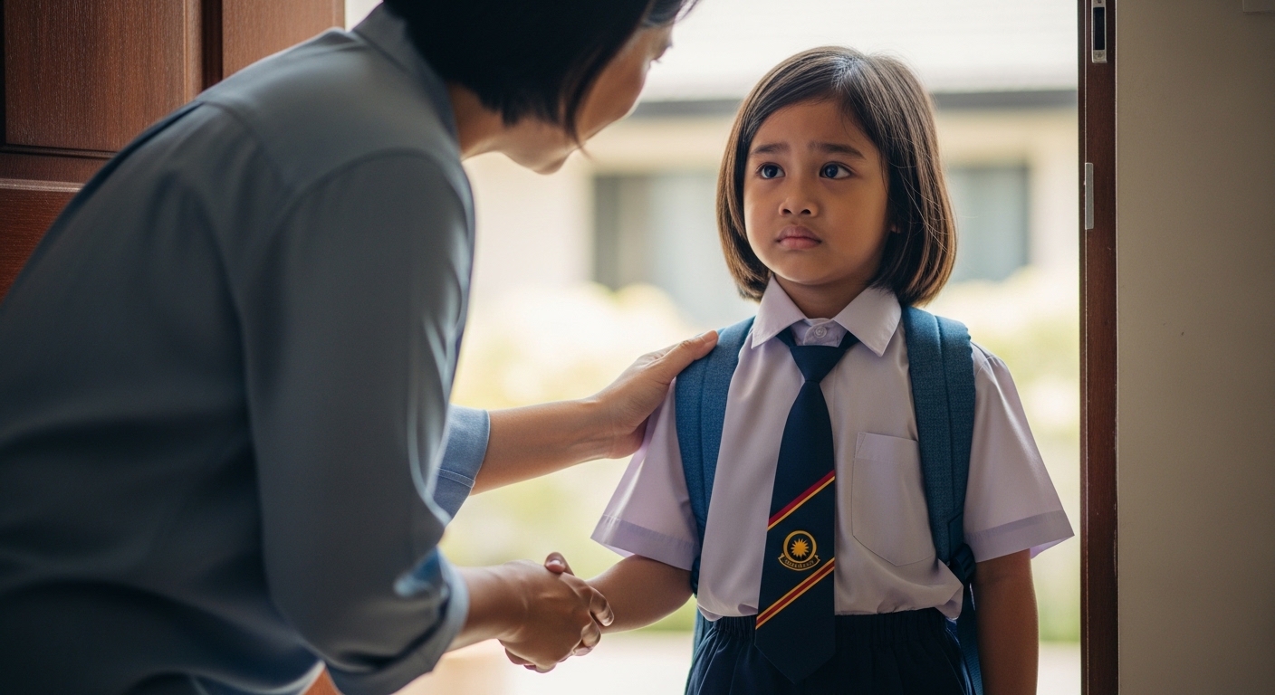 Anak Asia berseragam sekolah memegang tangan ibu bapa kuat-kuat sebelum keluar rumah, muka risau.